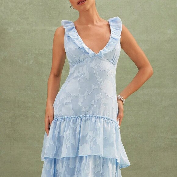Blue Elegant Women's Floral Textured Tiered Ruffle Maxi Dress - Picture 4 of 5